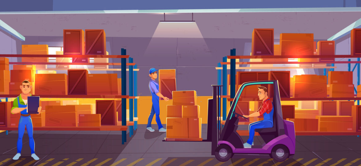 Logistics, warehouse interior with workers inside