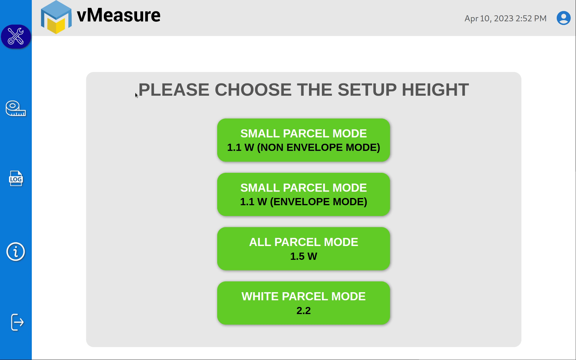 vMeasure the Setup Height Configuration Screen